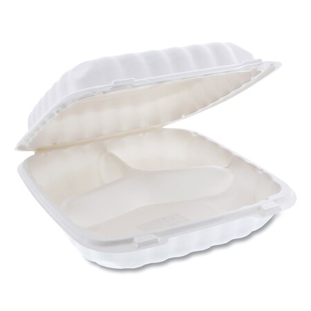 Pactiv Microwavable Hinged Lid Containers, 3 Comp, 9x9x3.1, White, PK100 YCN809030000